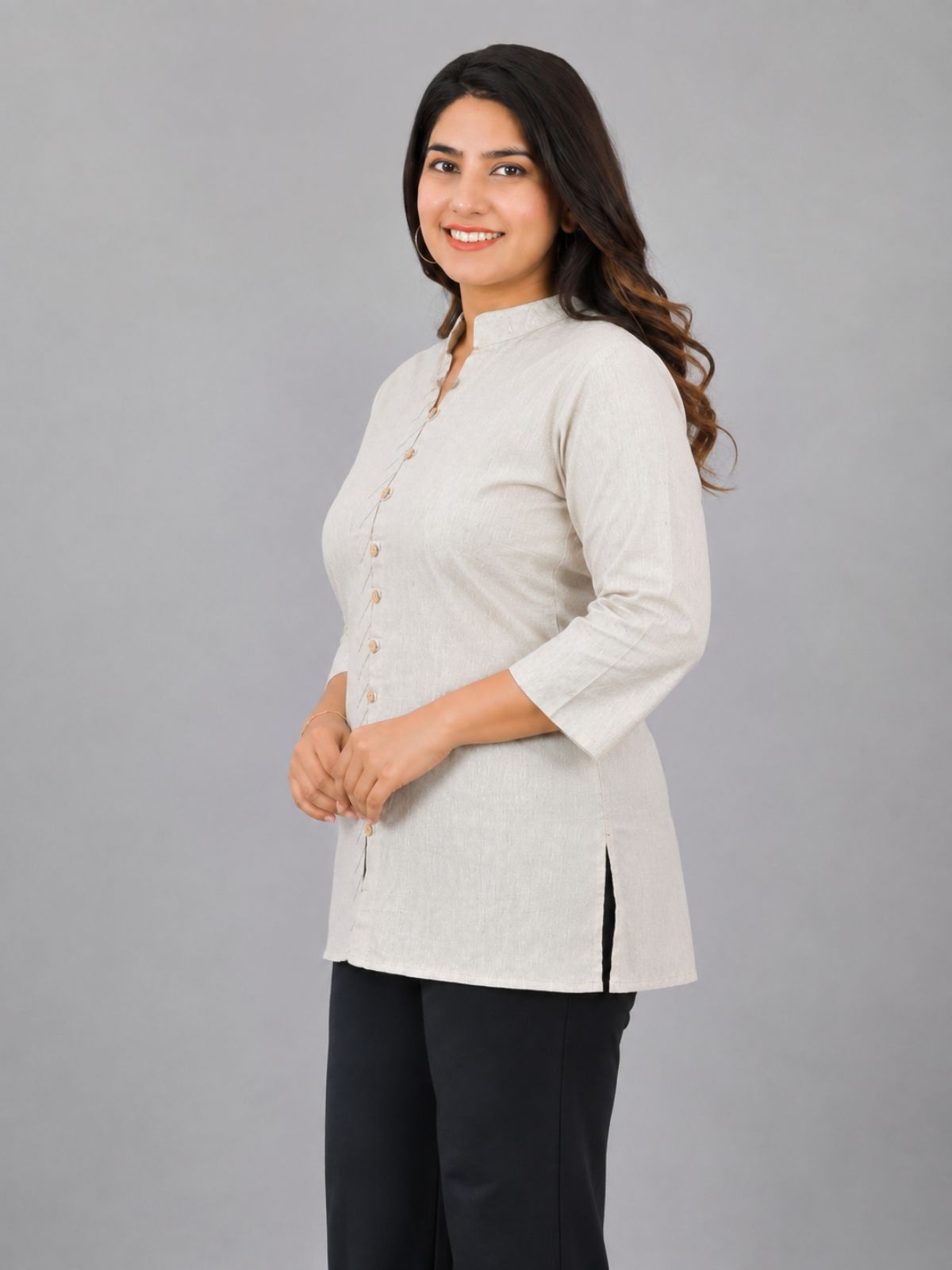 Cream Handloom Cotton Front-Slit Short Kurti