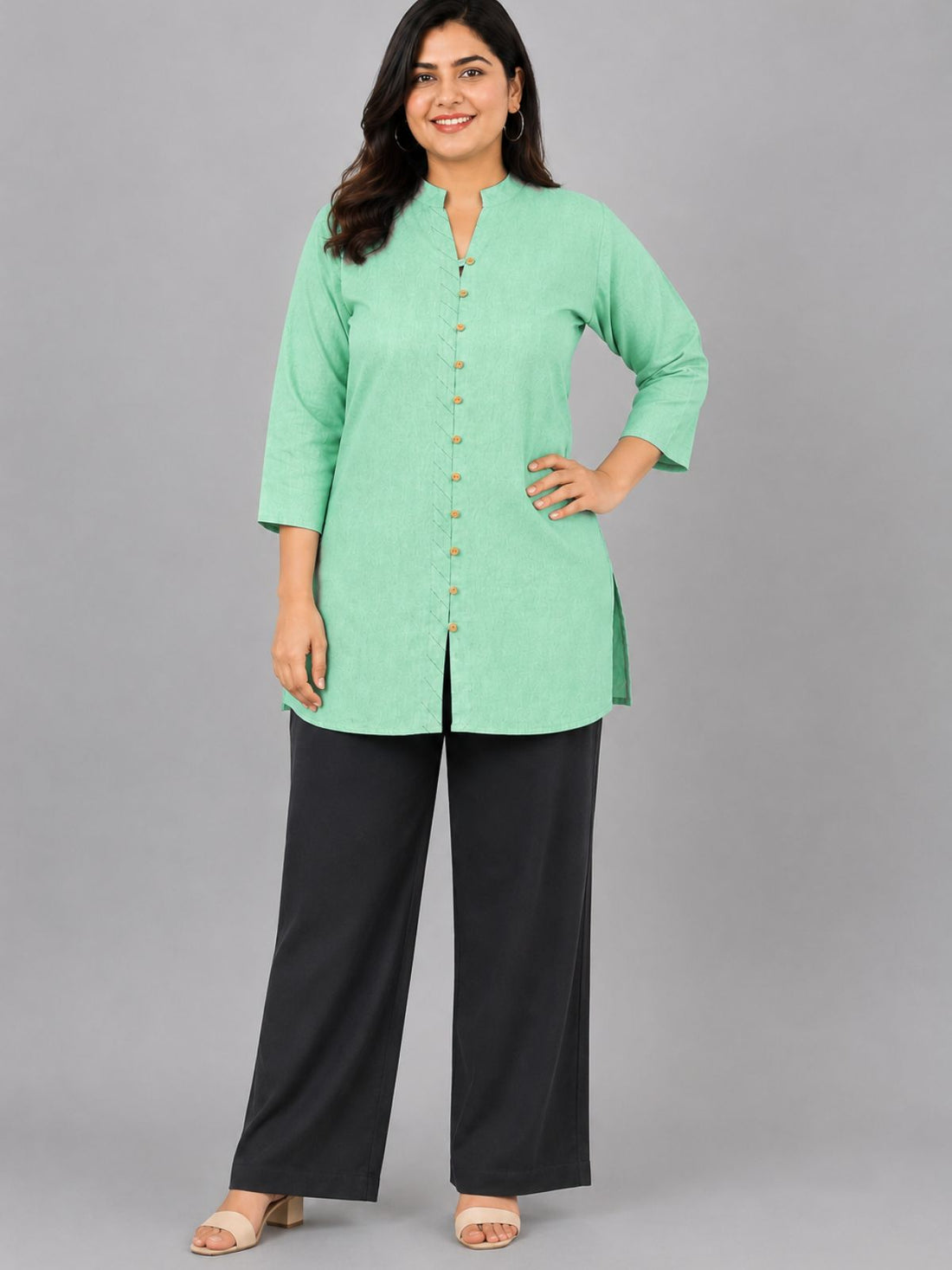 Green Handloom Cotton Front-Slit Short Kurti