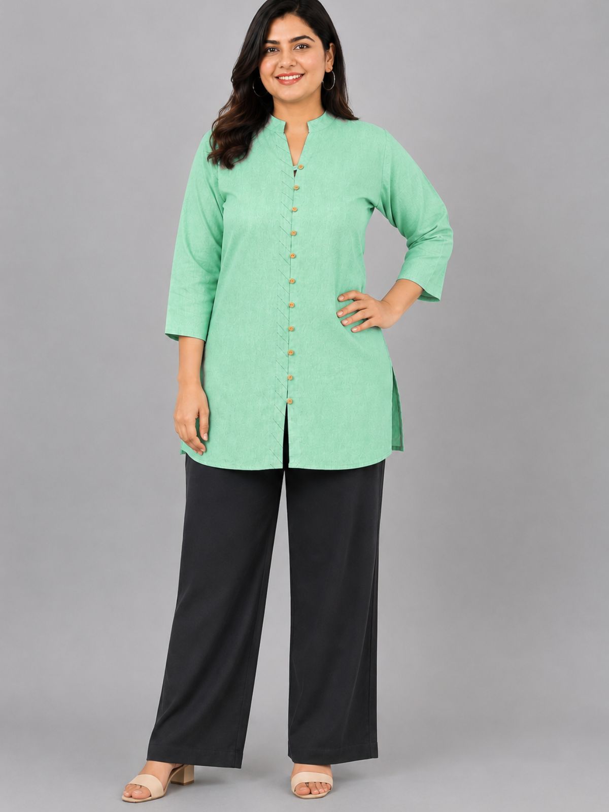 Green Handloom Cotton Front-Slit Short Kurti