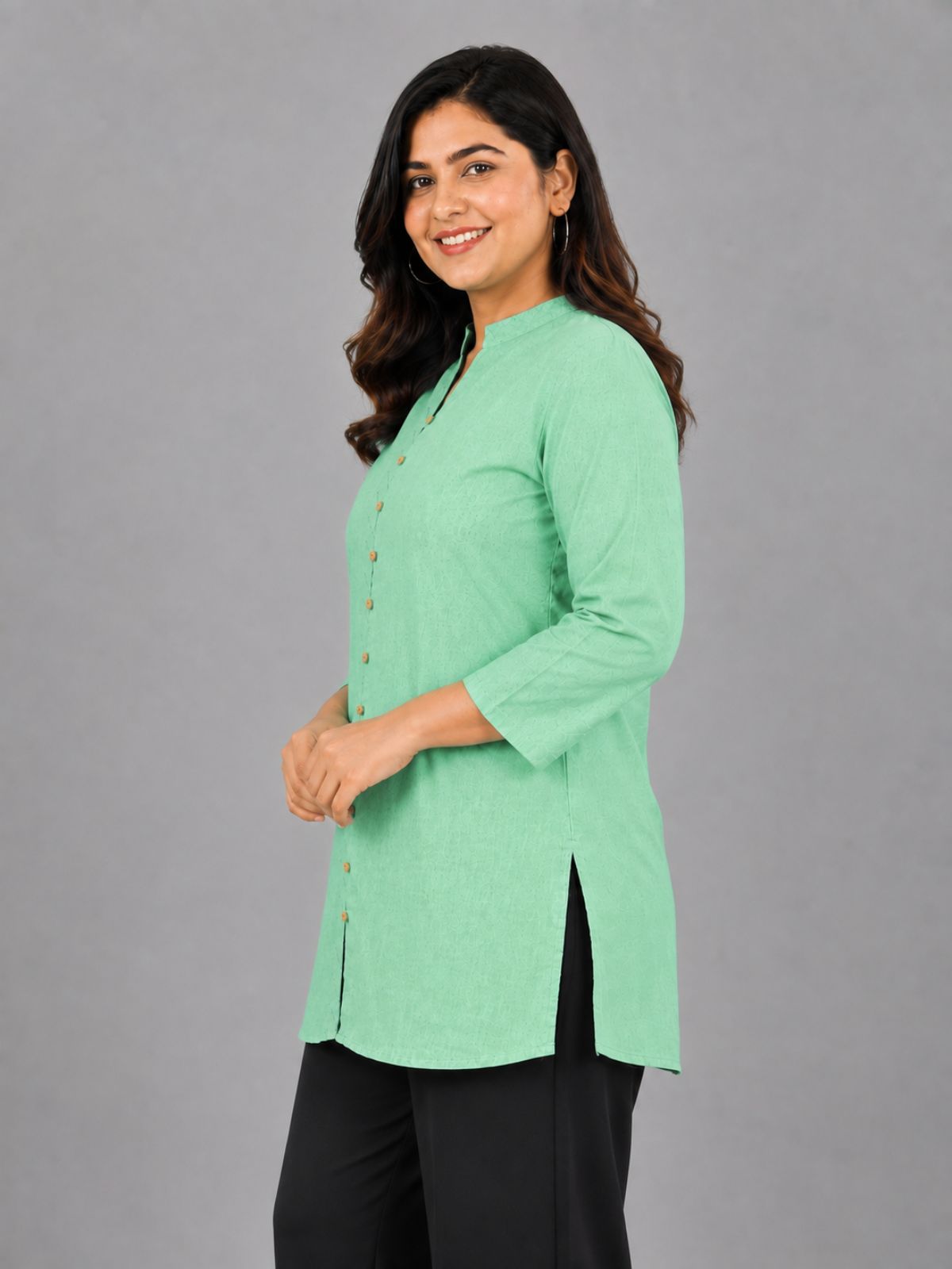 Green Handloom Cotton Front-Slit Short Kurti