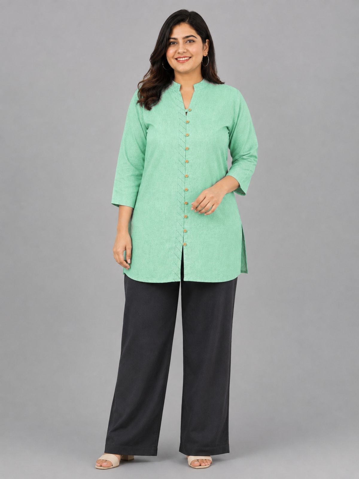 Green Handloom Cotton Front-Slit Short Kurti