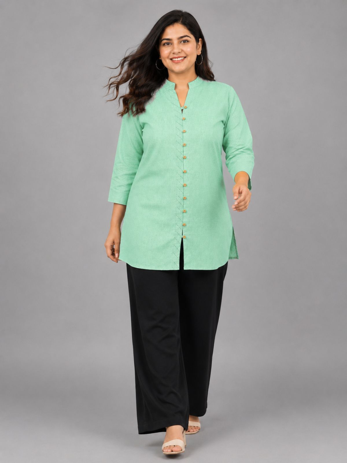 Green Handloom Cotton Front-Slit Short Kurti