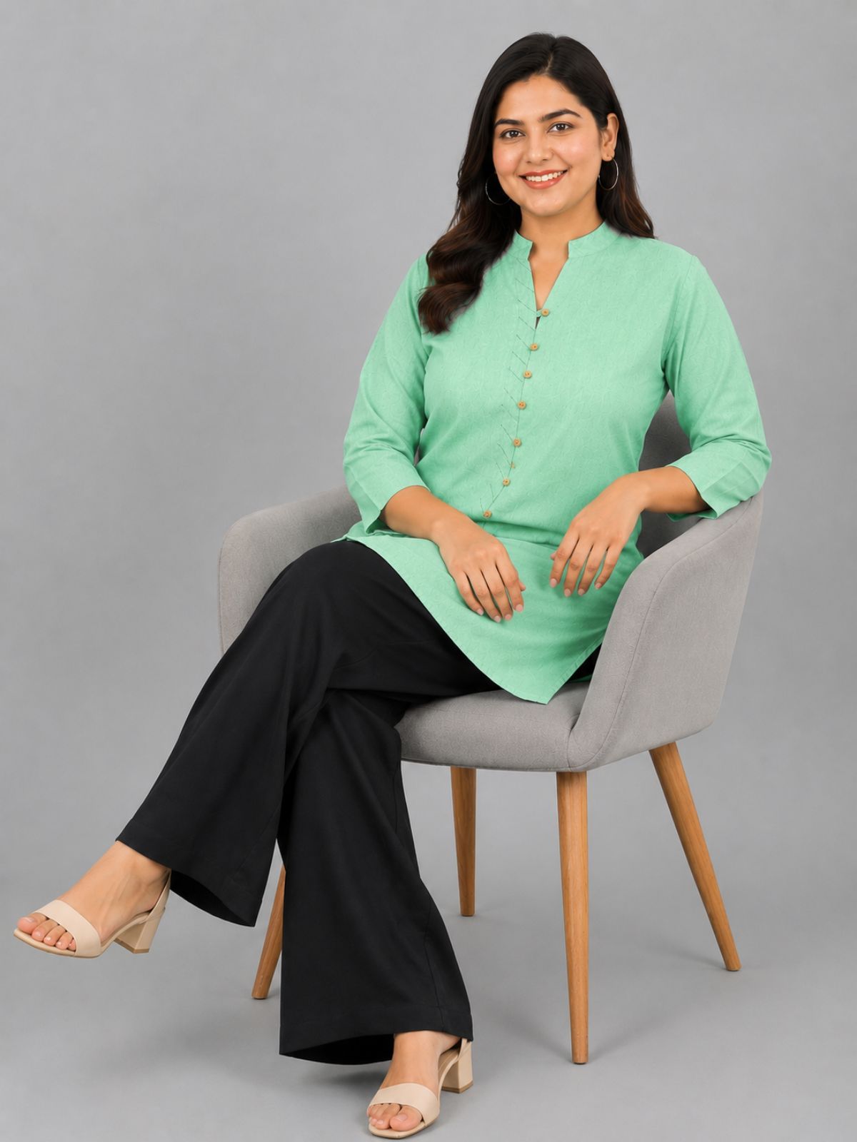 Green Handloom Cotton Front-Slit Short Kurti