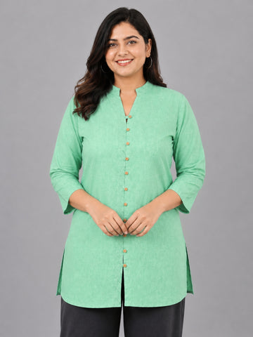 Green Handloom Cotton Front-Slit Short Kurti