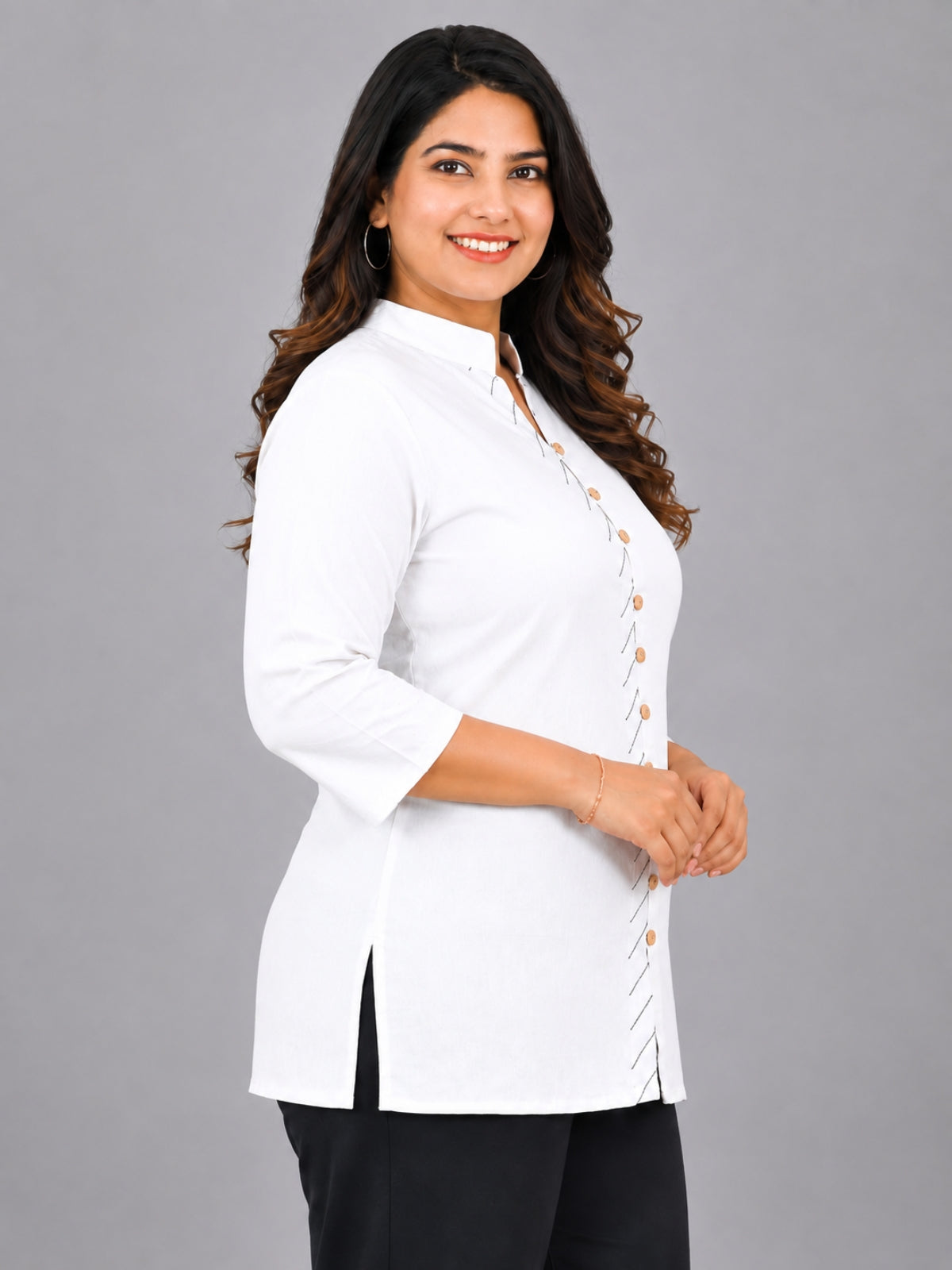 White Handloom Cotton Front-Slit Short Kurti