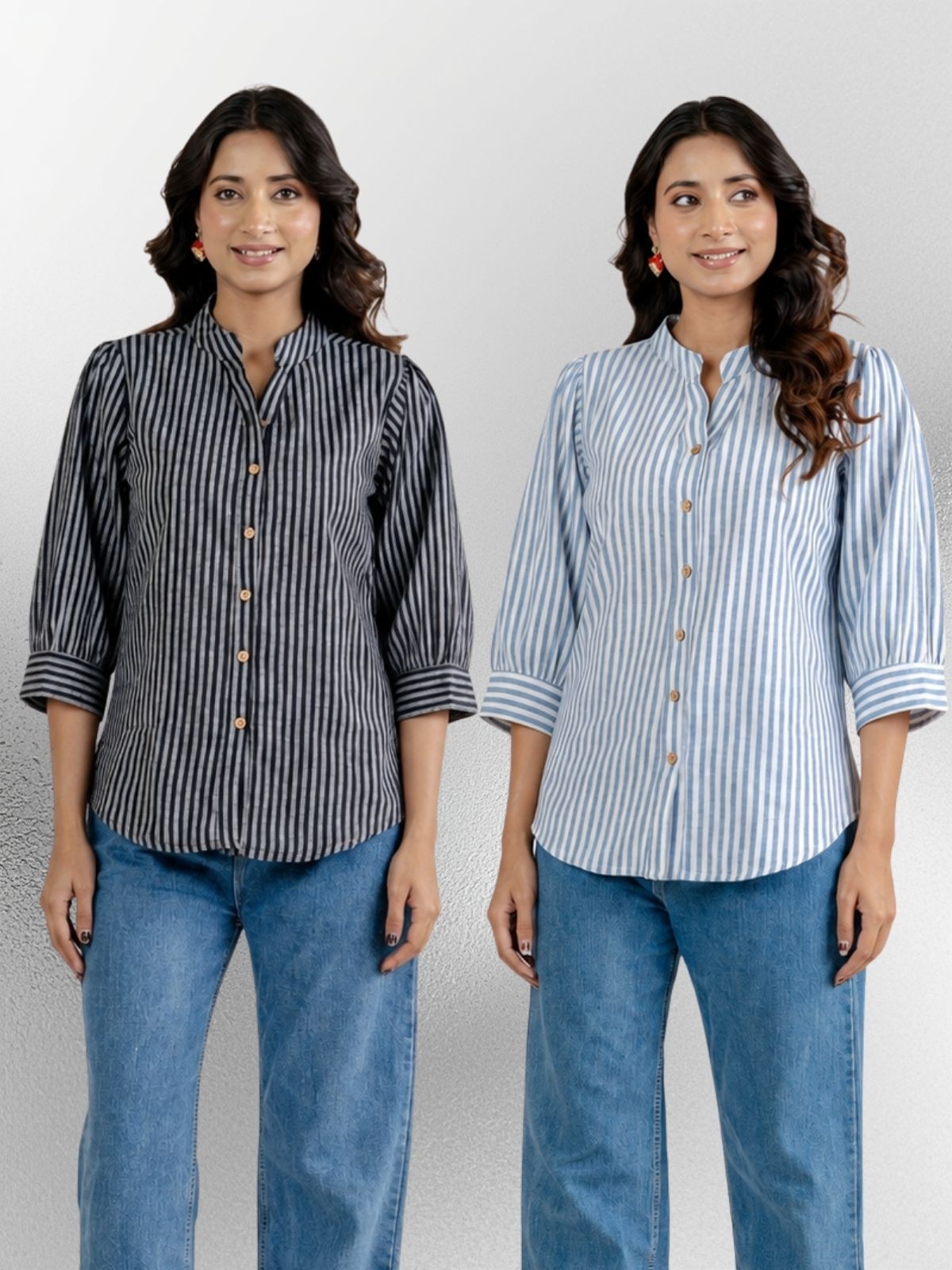 Black & Blue Elegant Small Stripe Shoulder-Pleat Shirts Combo