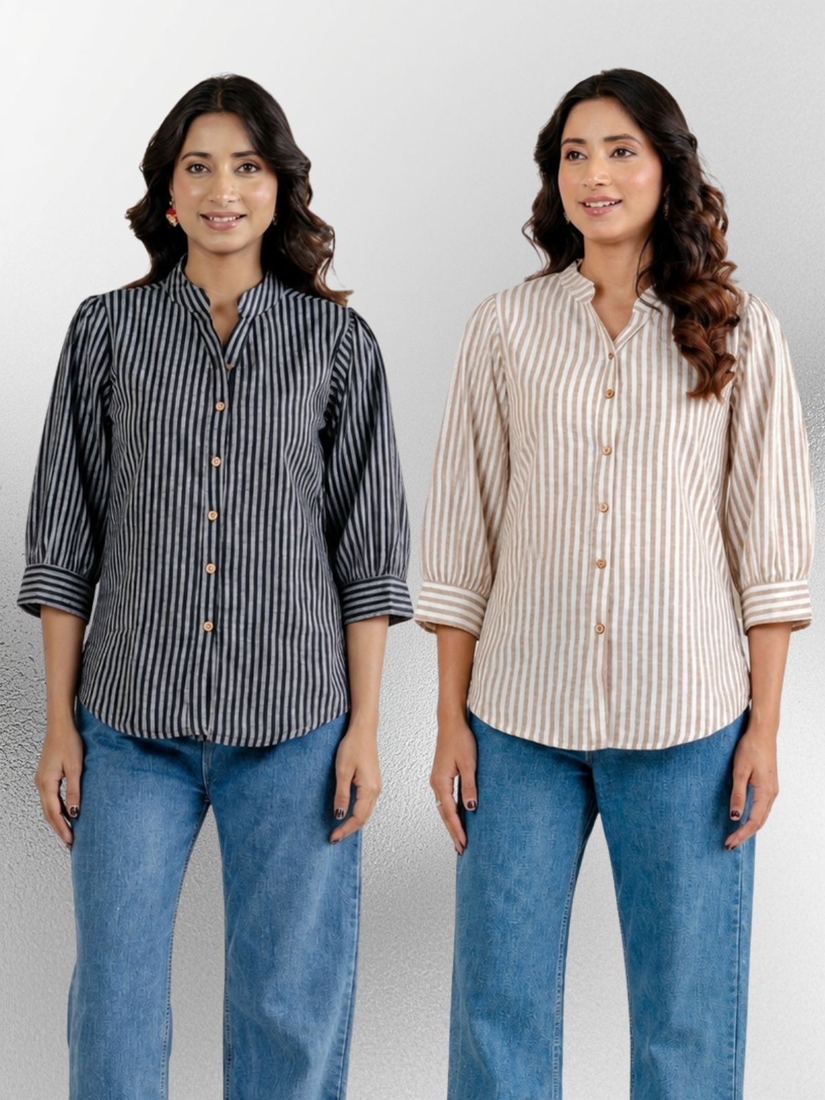 Black & Brown Elegant Small Stripe Shoulder-Pleat Shirts Combo