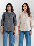 Black & Brown Elegant Small Stripe Shoulder-Pleat Shirts Combo