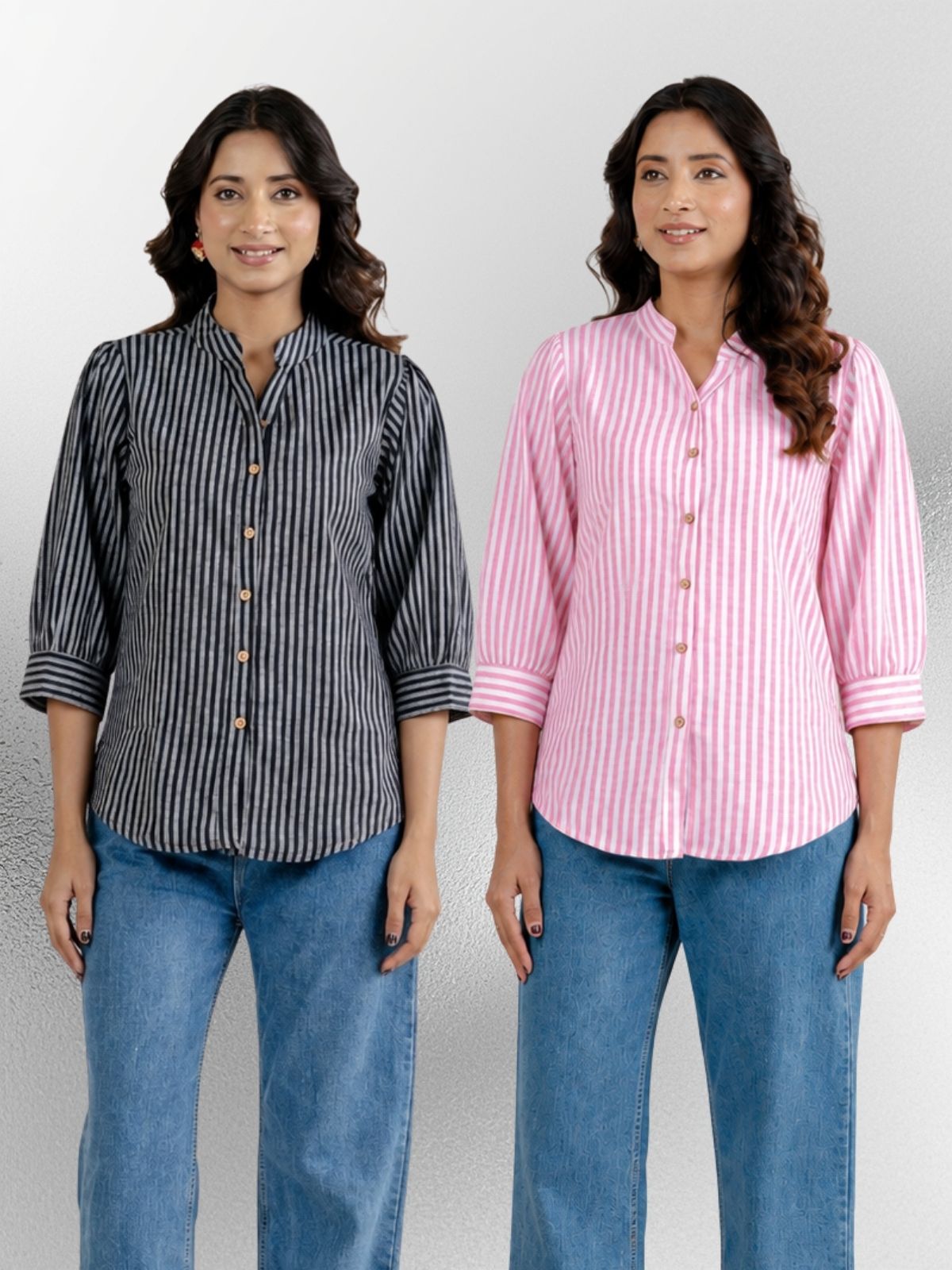 Black & Pink Elegant Small Stripe Shoulder-Pleat Shirts Combo