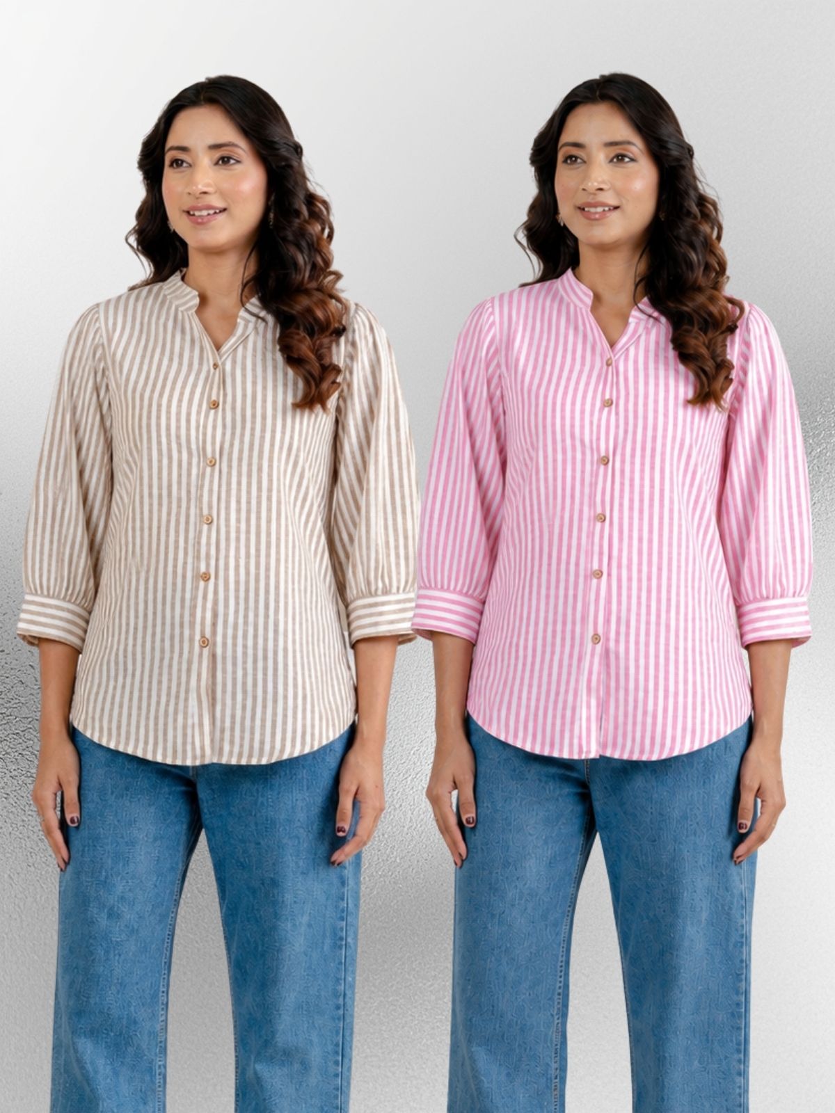 Brown & Pink Elegant Small Stripe Shoulder-Pleat Shirts Combo
