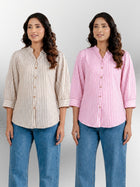 Brown & Pink Elegant Small Stripe Shoulder-Pleat Shirts Combo