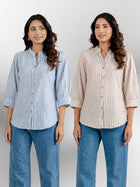 Blue & Brown Elegant Small Stripe Shoulder-Pleat Shirts Combo
