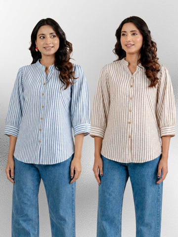 Blue & Brown Elegant Small Stripe Shoulder-Pleat Shirts Combo