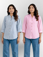 Blue & Pink Elegant Small Stripe Shoulder-Pleat Shirts Combo